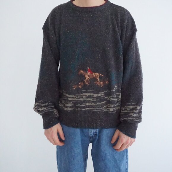 Vintage Cricketeer Grey Wool Blend Equestrian Scene Sweater Old Money Retro M - Picture 1 of 9